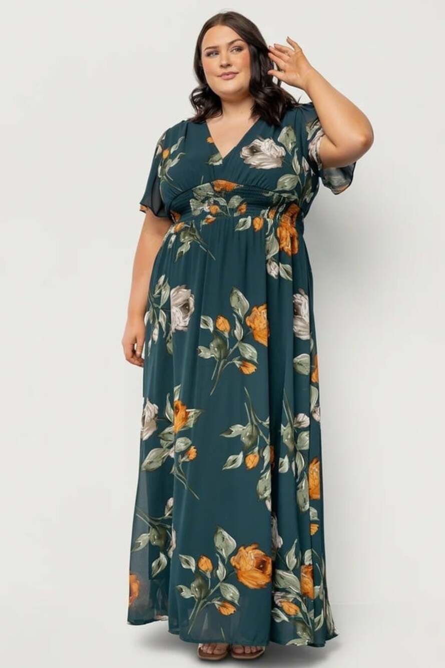 Baltic Born Women 3XL Birdie Maxi Dress Deep Topaz Floral V Neck Flowy Wedding